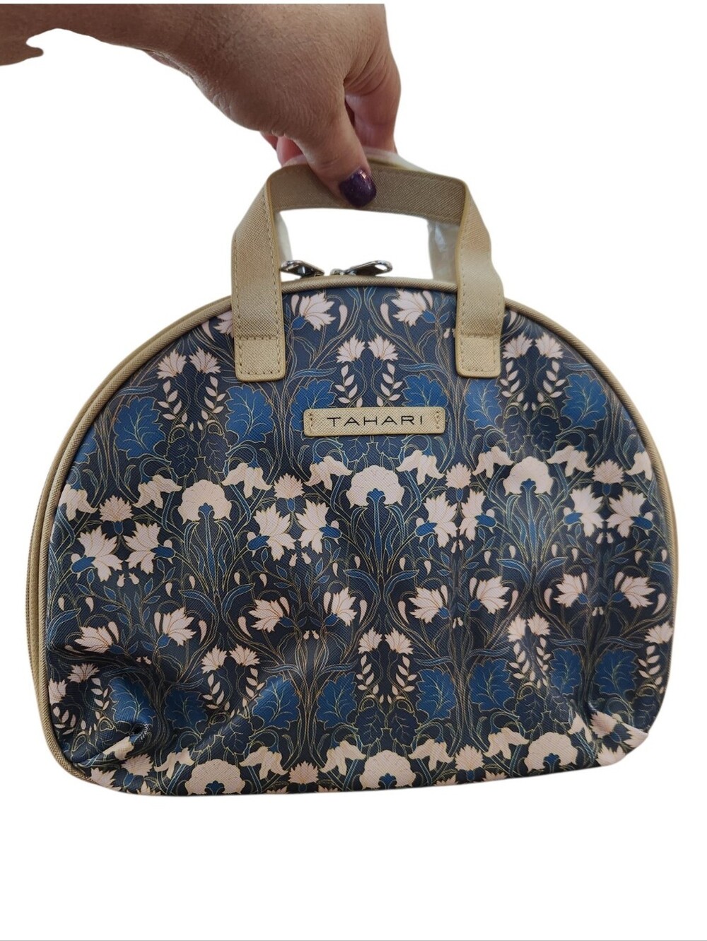 Tahari Blue Floral Dome Cosmetic Case with Cream Trim Like New